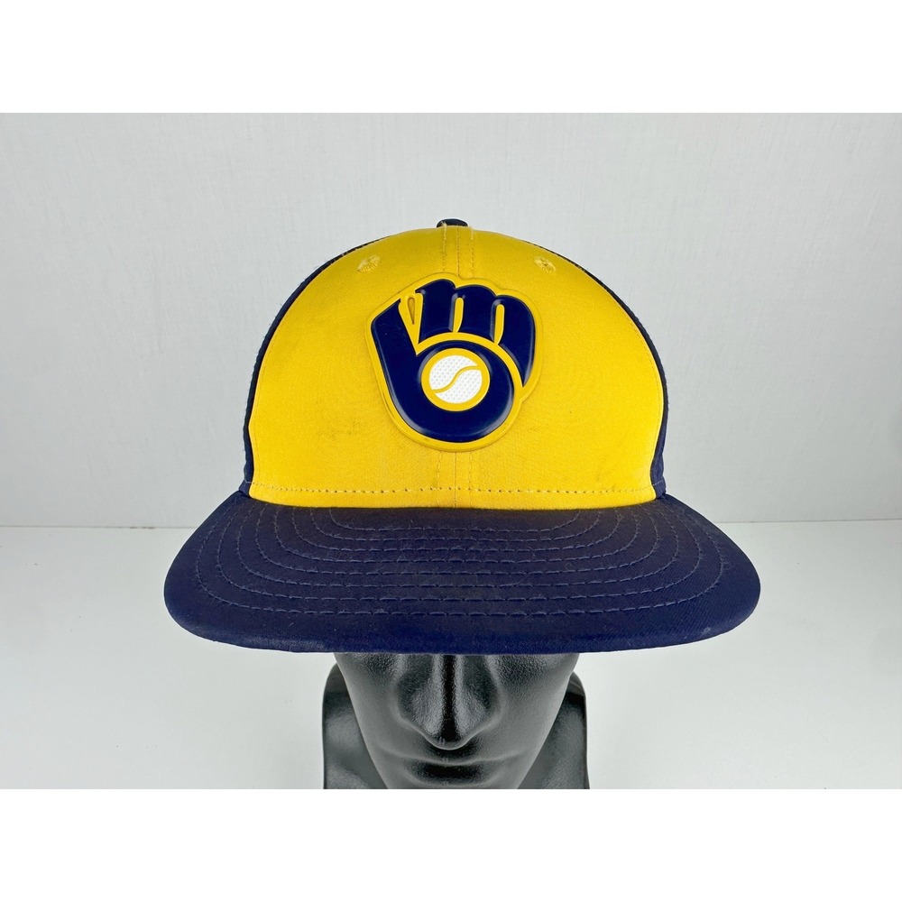 Milwaukee Brewers New Era 59FIFTY Fitted Hat Size 7 1/8 Yellow Navy Blue MLB Cap